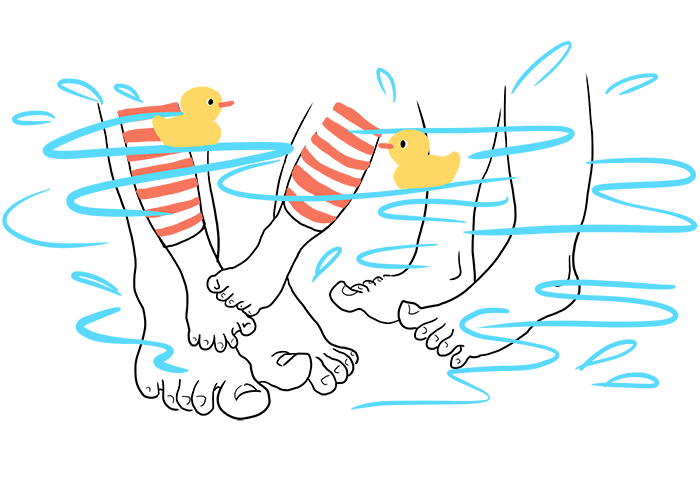 Illustration of the feet of two adults and a child in water