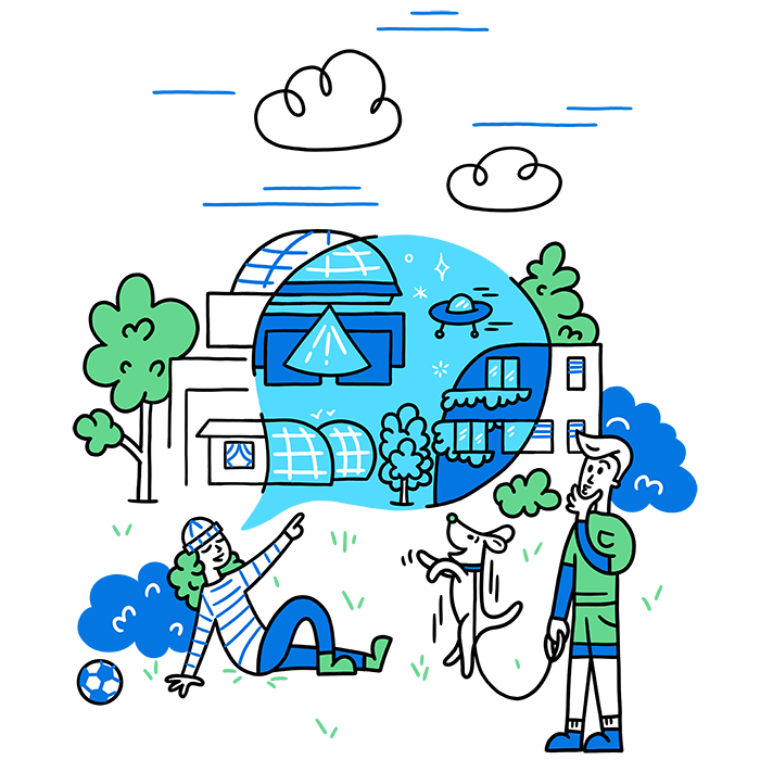 Illustration of people and dogs in nature.