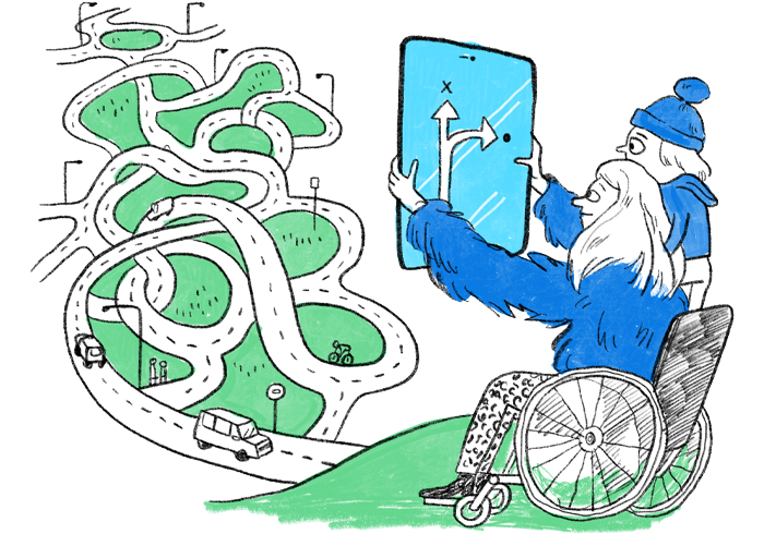 Illustration of a woman in a wheelchair and a boy trying to find the right path on a tablet screen.