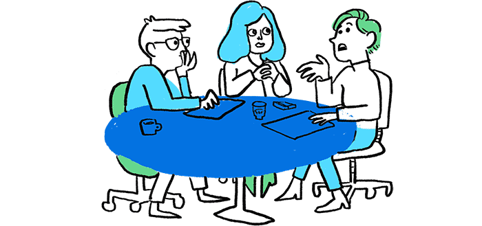 Illustration of people working and talking at a table.