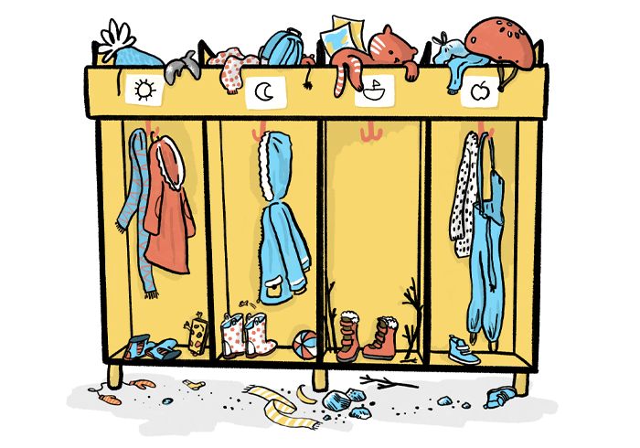 Illustration of a coat rack at a preschool.