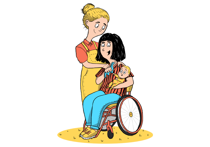 An illustration of two women, one seated in a wheelchair, holding a child.