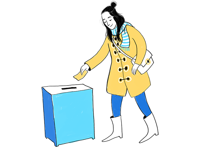 Ilustracja przedstawiająca kobietę wrzucającą kartę do głosowania do urny wyborczej.