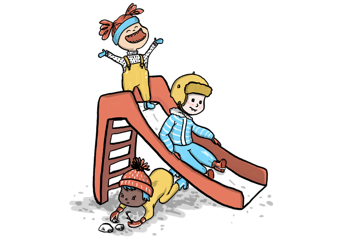 Illustration of three children on a slide at a preschool.