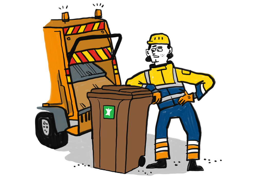 Ilustracja pracownika służb komunalnych z brązowym pojemnikiem obok śmieciarki.